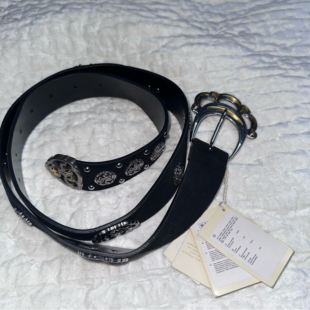 Maje Black Leather Belt with Silver-Tone Decorative Buckle and Medallions